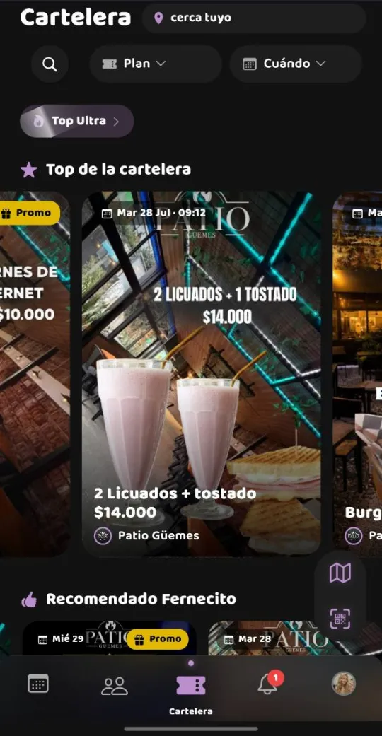 Cartelera principal de Fernecito App